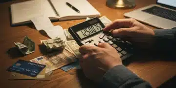 Hands using calculator with bills and credit cards, symbolizing debt management.