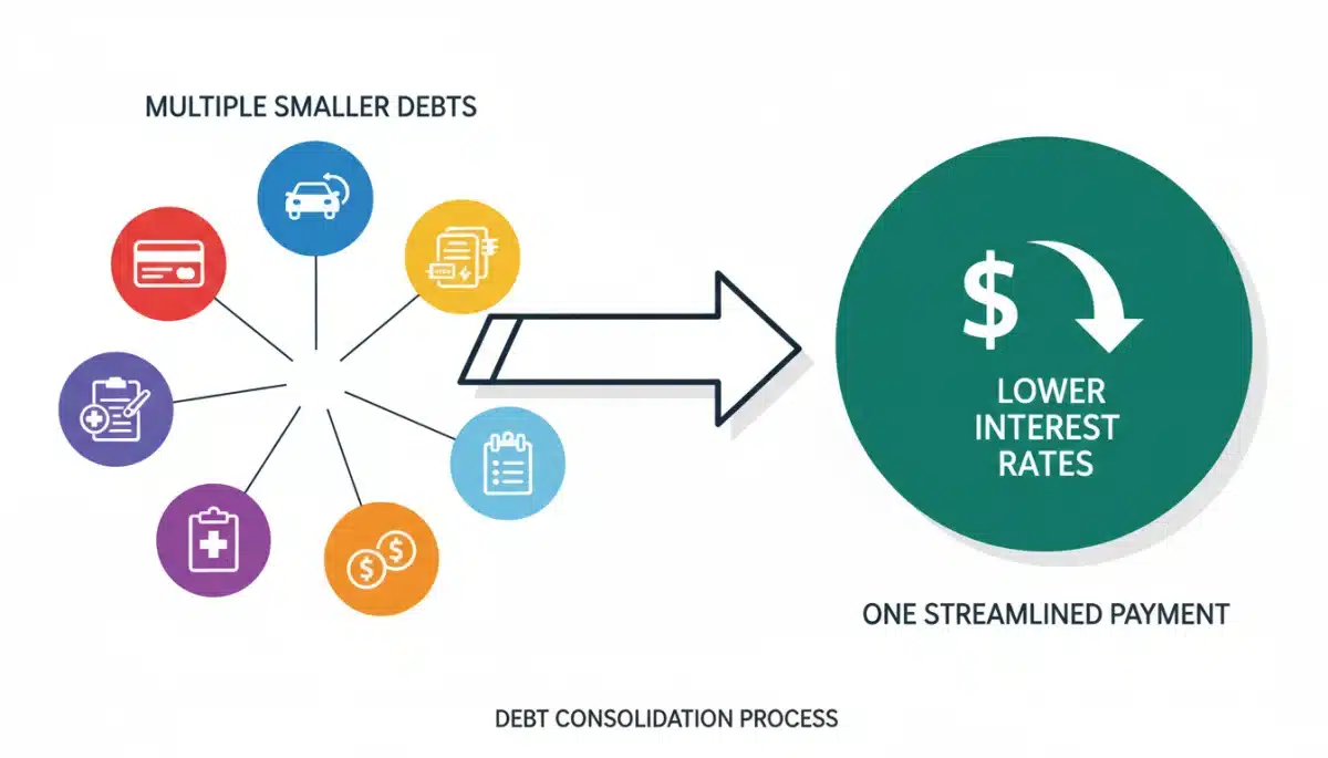 Infographic showing multiple debts combining into one lower-interest consolidation loan.