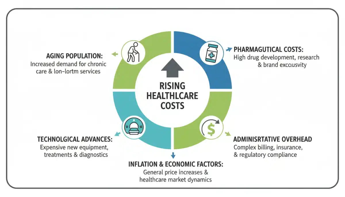 Infographic detailing drivers of increasing healthcare expenditures: aging population, drug costs, technology