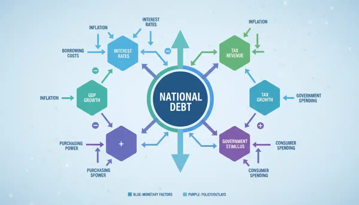 Infographic showing economic factors influencing national debt and long-term economic impact