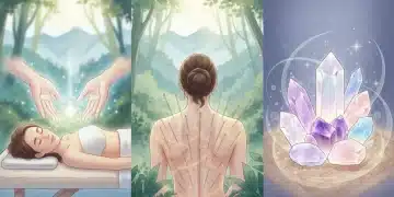 Illustration of three energy healing modalities: Reiki, Acupuncture, and Crystal Healing in a tranquil setting.