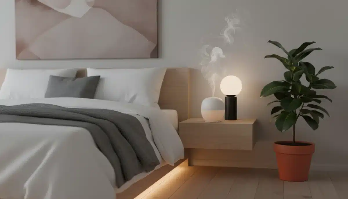 Ceramic essential oil diffuser in a modern American bedroom, creating a calming ambiance.