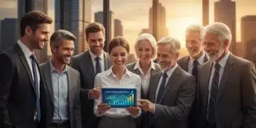 Diverse people confidently planning long-term financial goals for 2030 on a tablet.