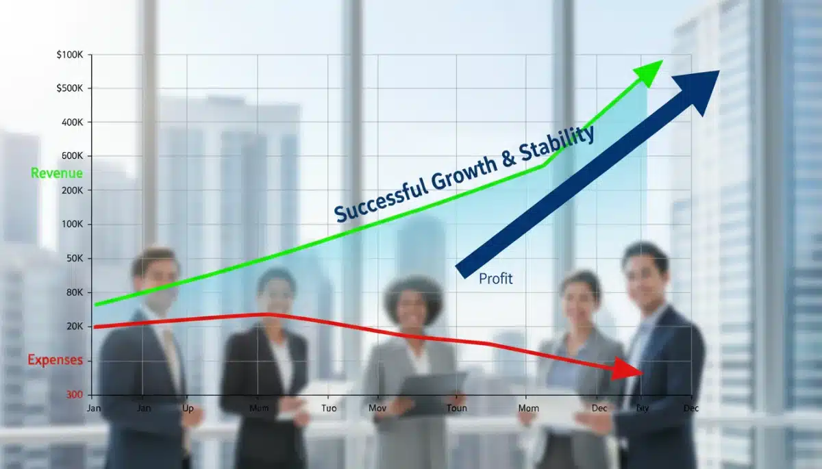 Financial projection chart showing business growth and revenue increase over 12 months.
