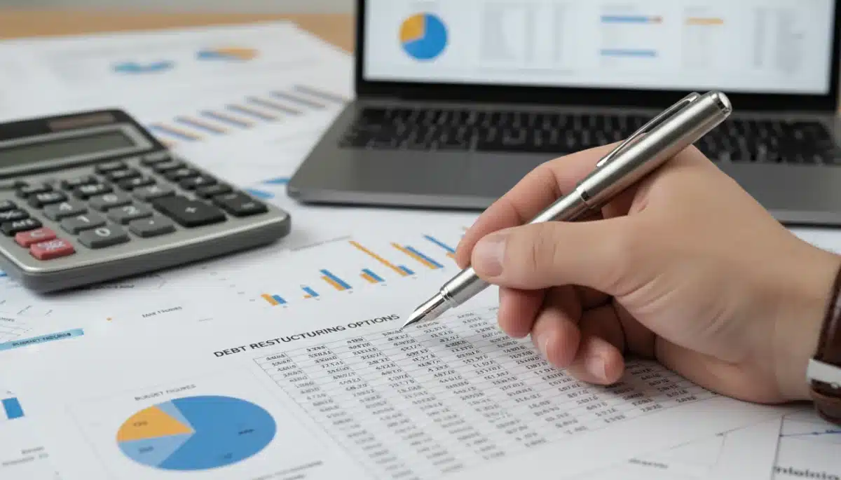 Hand pointing at financial report with debt restructuring options