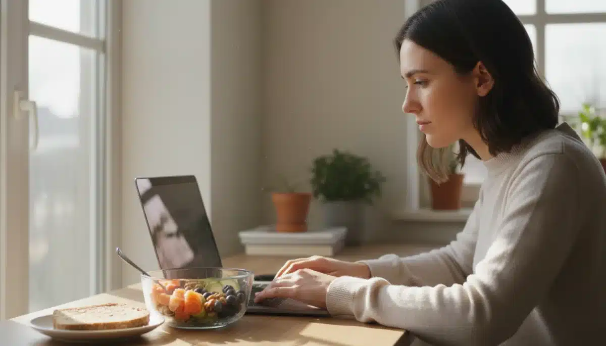 Person focused at desk with brain-healthy meal