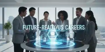 Professionals collaborating on future job skills in a modern office setting.