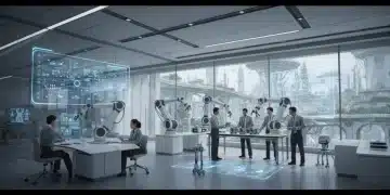 Future of Work 2026: Automation's Impact on US Jobs Robots and humans collaborating in a modern office, symbolizing the future of work and automation's role.