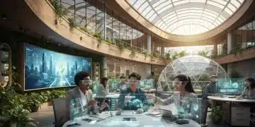 Professionals collaborating in a futuristic office, symbolizing the future of work and career growth.