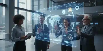 Futuristic digital banking interface with holographic display and secure financial transactions.