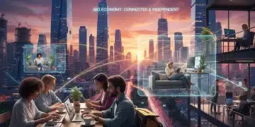 Diverse individuals working flexibly in modern settings, symbolizing the dynamic growth of the gig economy.