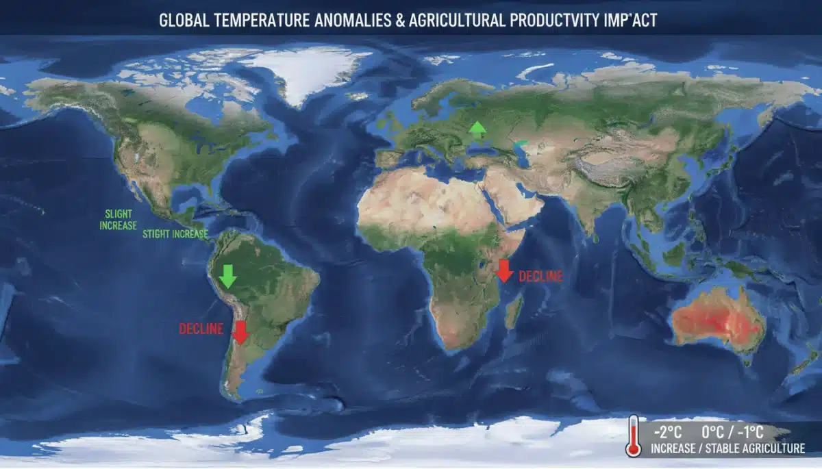 Global map depicting agricultural productivity changes due to temperature anomalies.