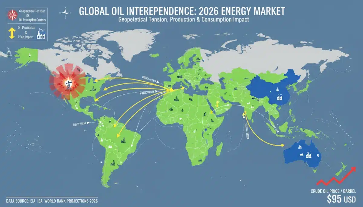 World map illustrating global oil production, consumption, and geopolitical factors affecting energy prices.