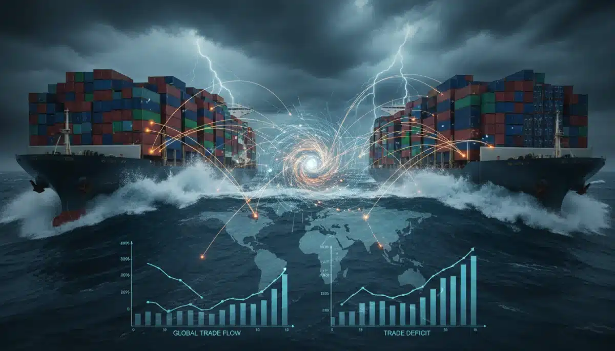 Illustration of global supply chain disruptions affecting international trade and the U.S. trade deficit.