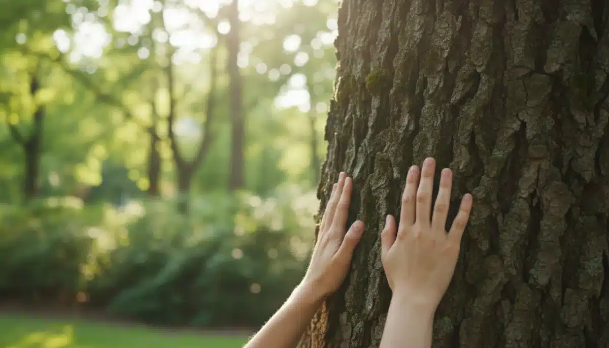 Hands touching tree bark, symbolizing grounding and nature connection.