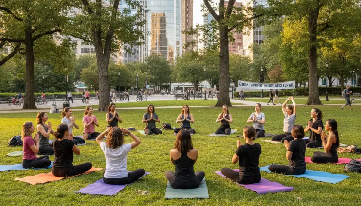 Group practicing mindfulness outdoors for emotional well-being in the US