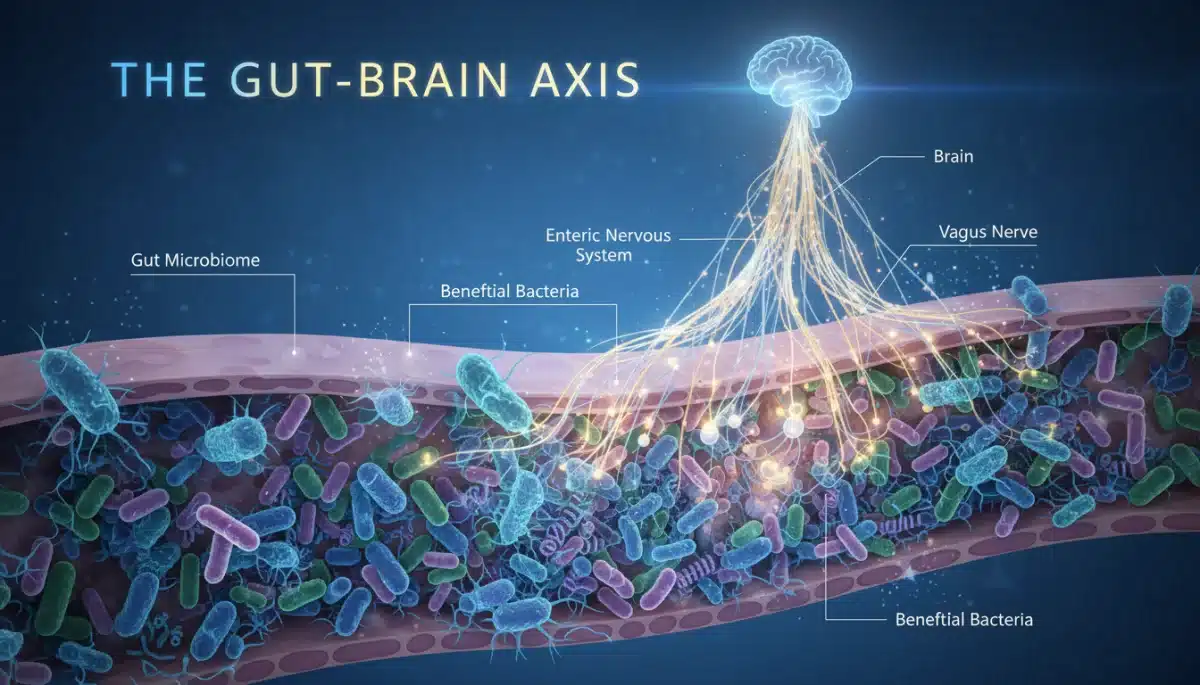 Scientific illustration of the gut microbiome influencing brain function through the gut-brain axis.