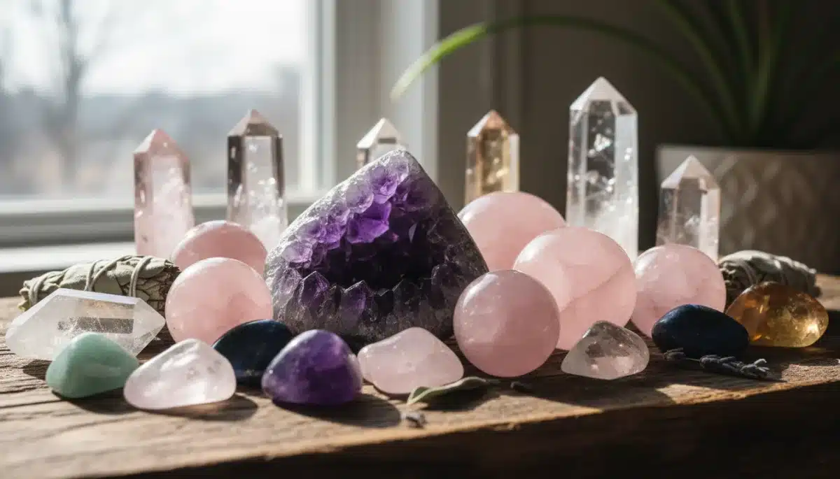 Close-up of polished healing crystals like amethyst, rose quartz, and clear quartz on a wooden surface.