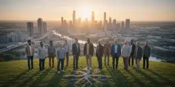 Diverse Americans embodying holistic resilience in a modern city landscape at sunrise.