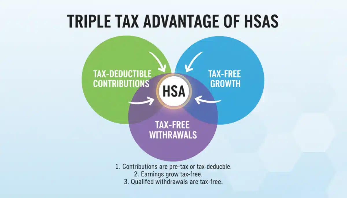 Infographic illustrating the triple tax advantage of Health Savings Accounts.