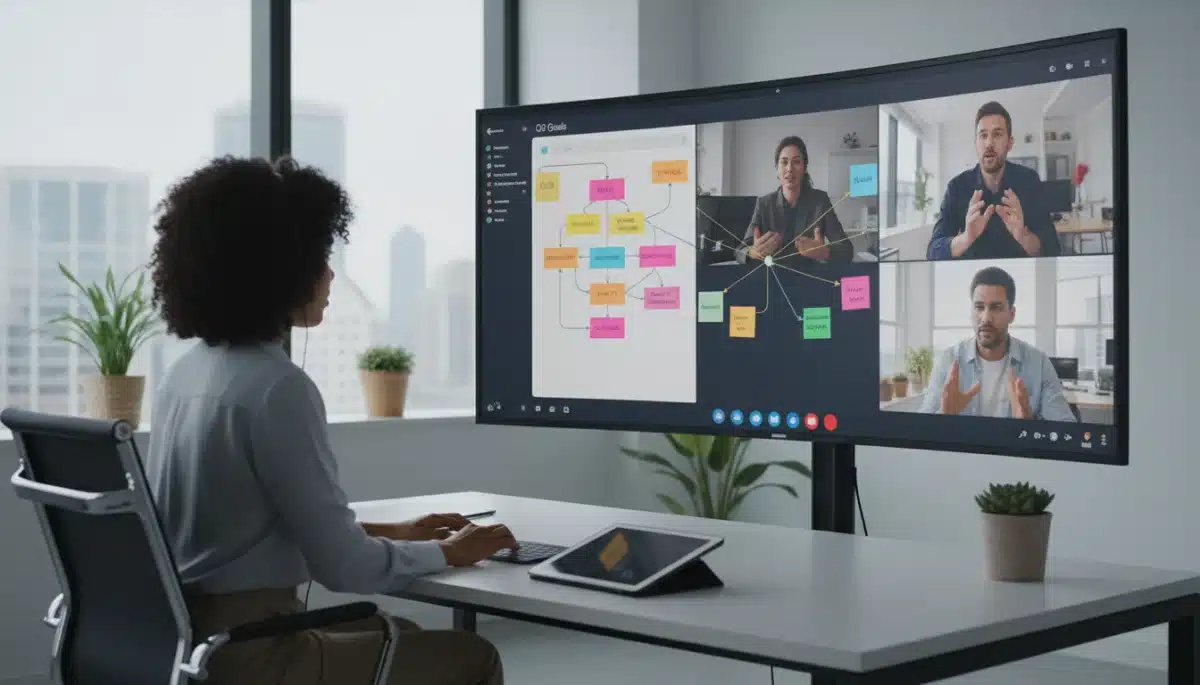 Diverse team collaborating effectively in a hybrid meeting, showcasing digital communication tools.