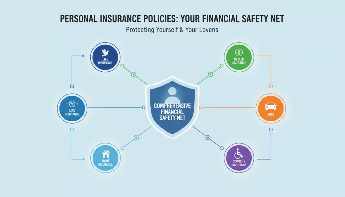 Infographic showing interconnected personal insurance policies creating a financial safety net.