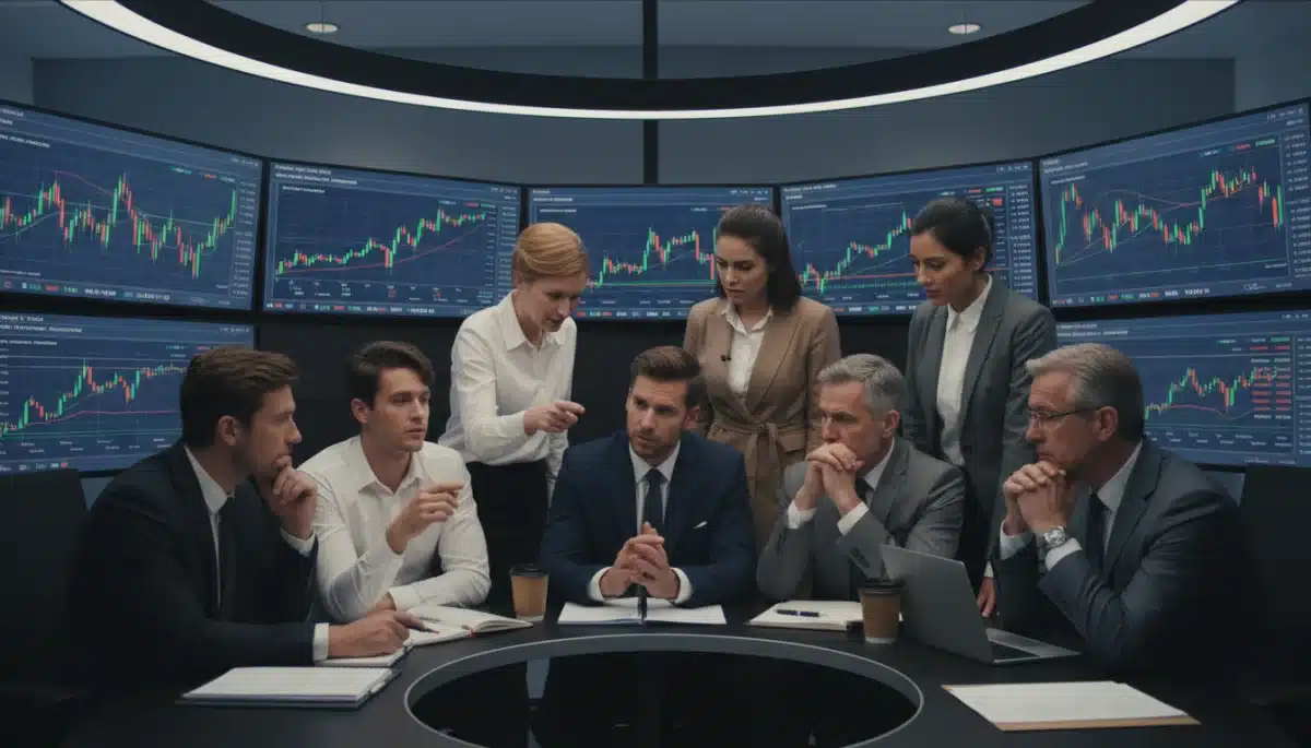 Investors analyzing complex stock market data on multiple screens, discussing strategies amidst market volatility.