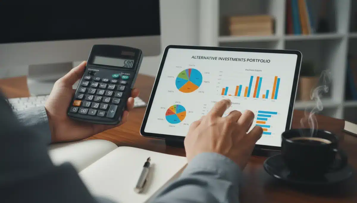 Hands calculating and managing investment portfolio on tablet