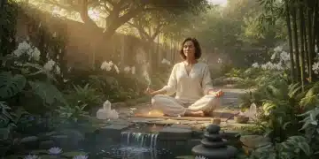 Woman meditating in a garden for natural hormonal balance