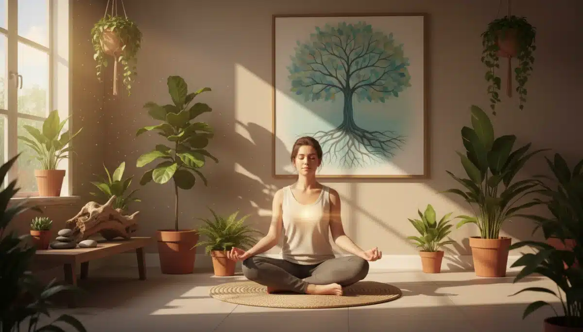 Person meditating in a serene, sunlit room, promoting mental well-being.