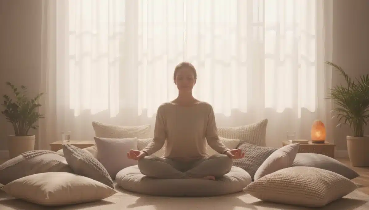 Person meditating for mindful sleep preparation