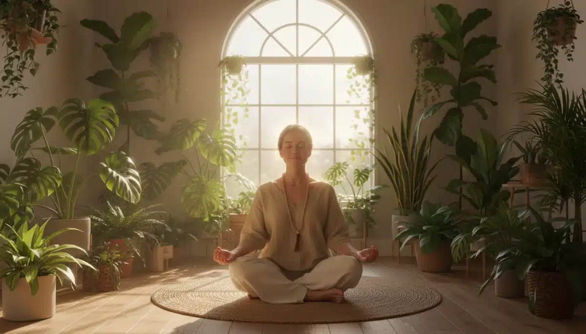 Person meditating amidst plants for holistic well-being