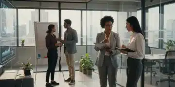 Professional mentor guiding a mentee in a modern office, symbolizing career growth and development.