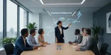 Mid-career professionals discussing a leadership roadmap in a modern office