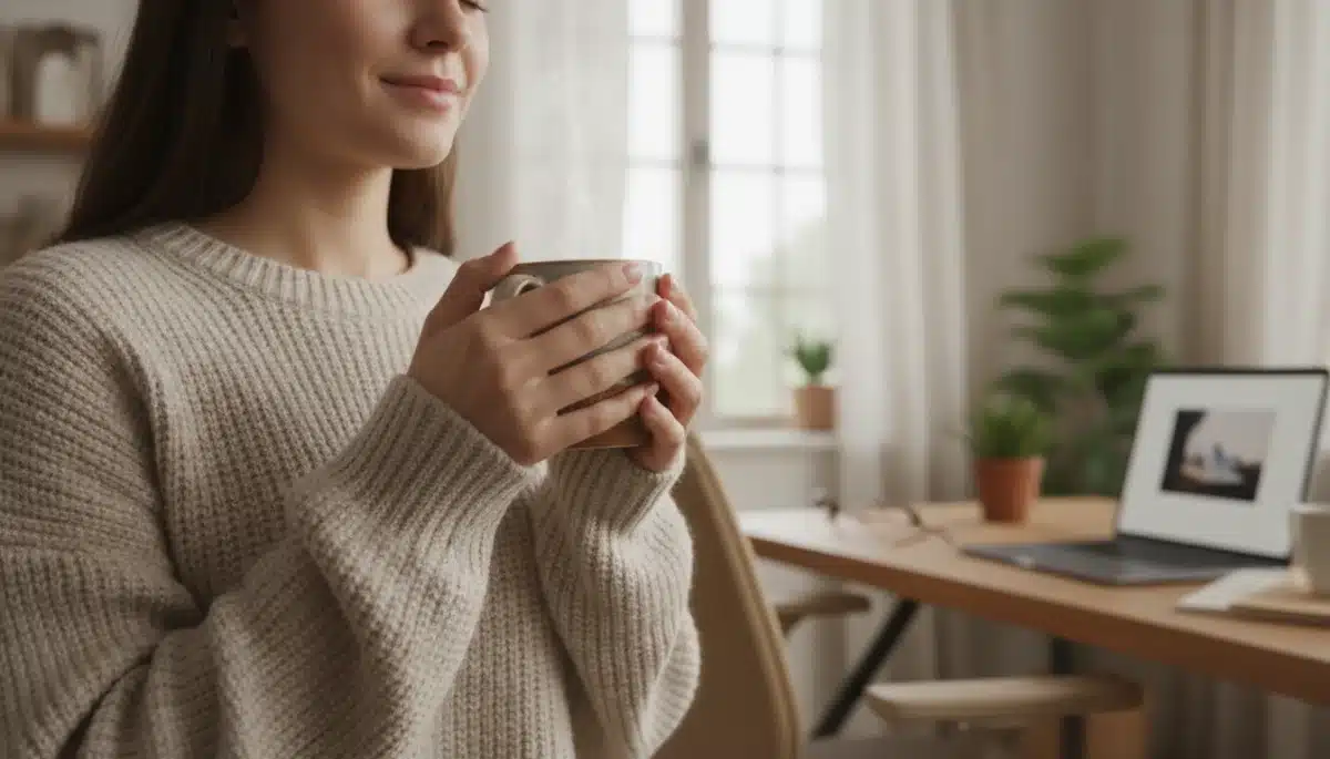 Mindful moment with a warm drink during a busy workday in the US.