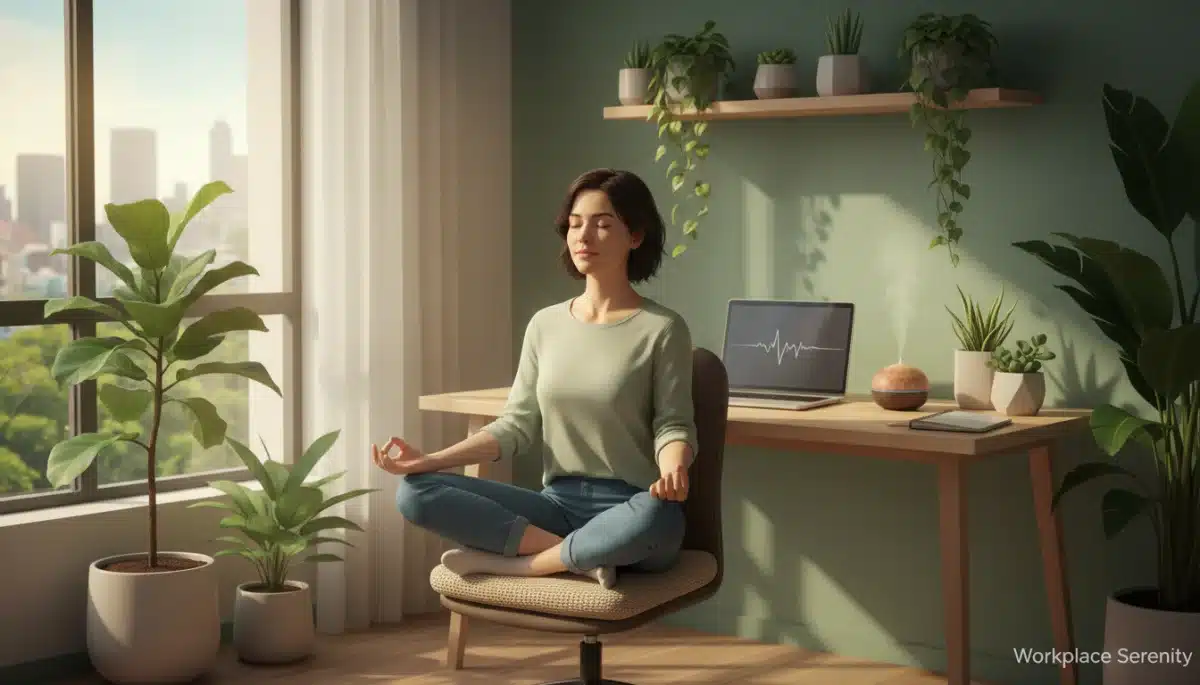 Person practicing mindfulness at desk for stress reduction.