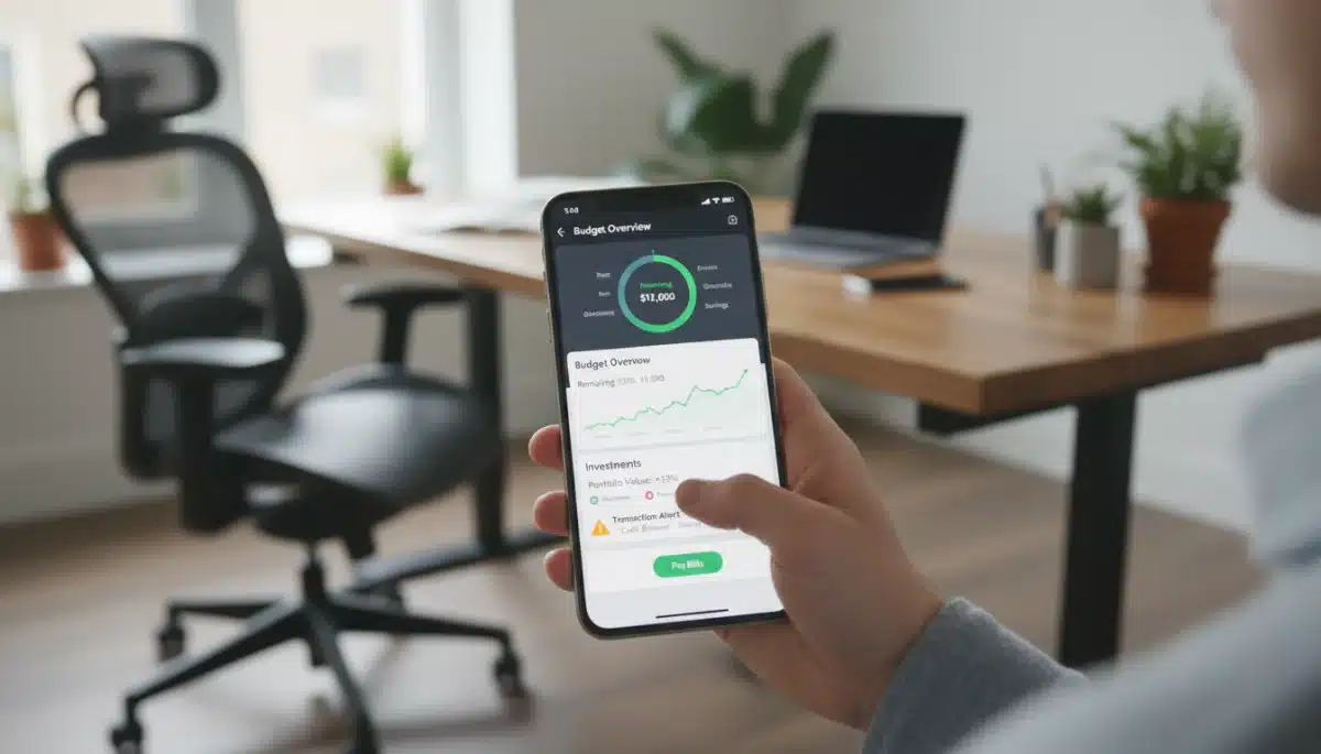 Person managing finances on a mobile banking app with budgeting and investment tracking features.