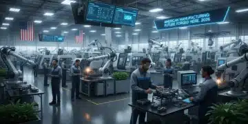 Modern American factory floor with workers and advanced machinery, symbolizing reshoring success.