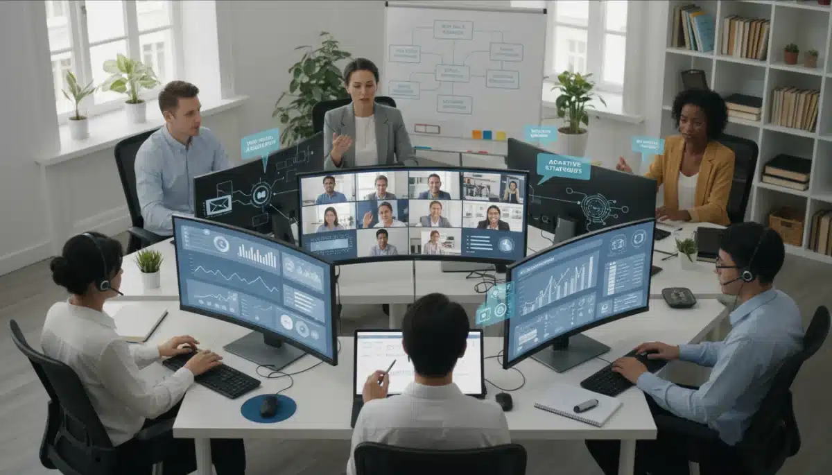 Professionals collaborating in an online meeting, digital skills
