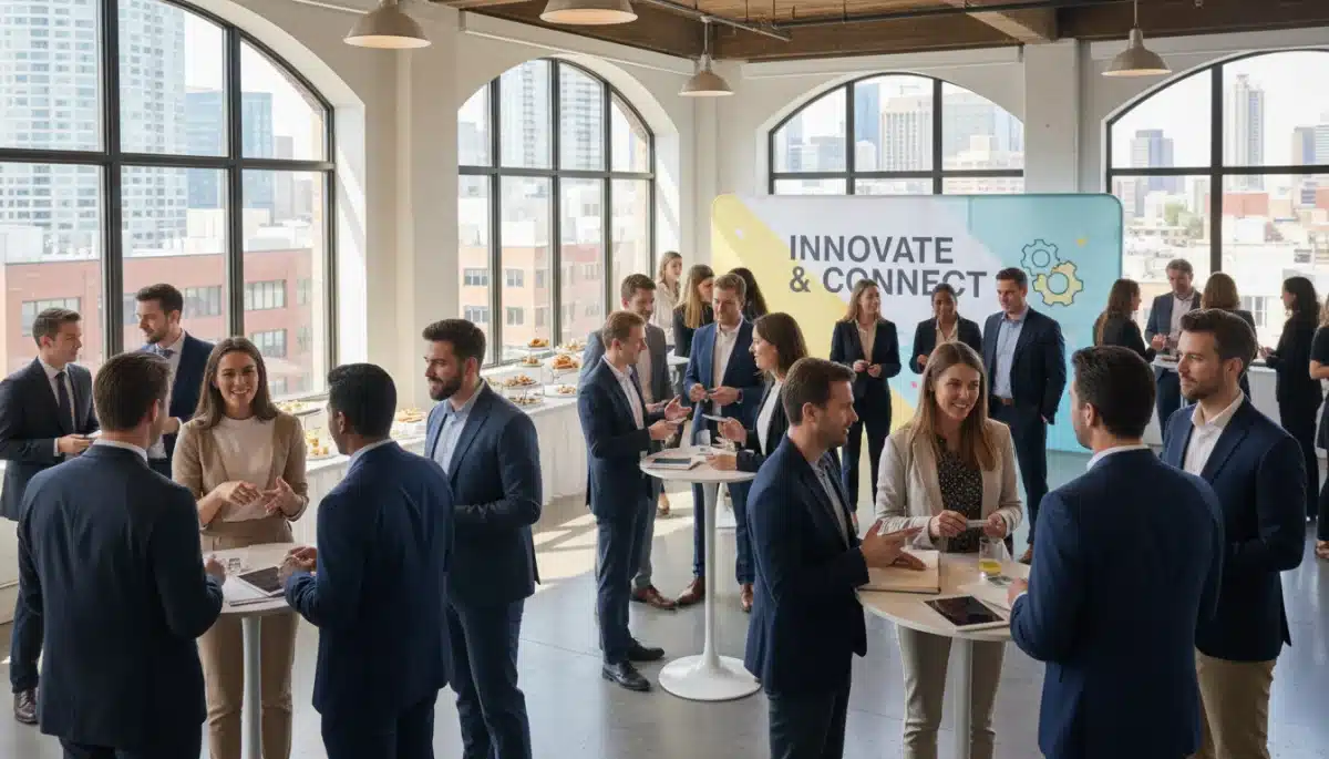 Diverse professionals networking at an event, exchanging contacts and ideas.