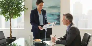 Professional woman discussing performance review with manager in office