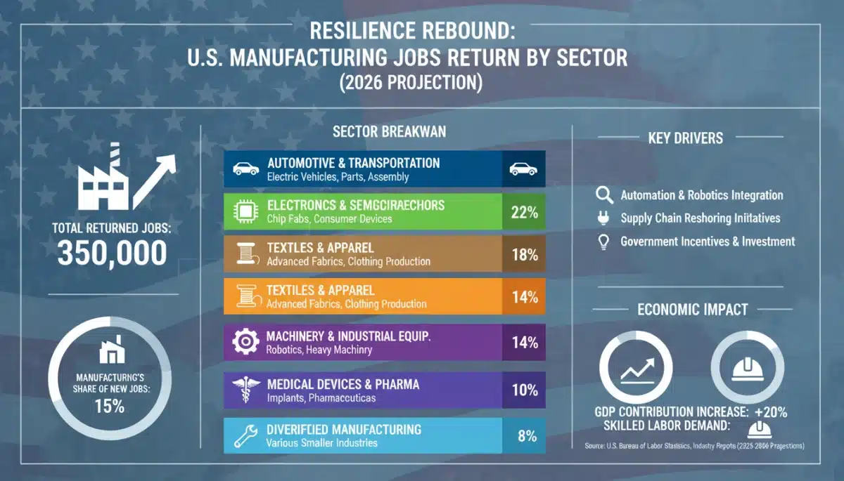 Infographic detailing manufacturing jobs returned to U.S. by sector in 2026.