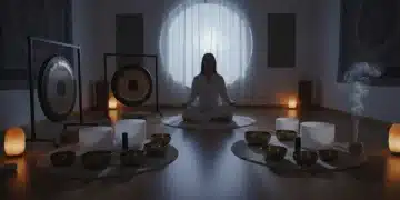 Person meditating with sound bowls and gongs in a tranquil setting