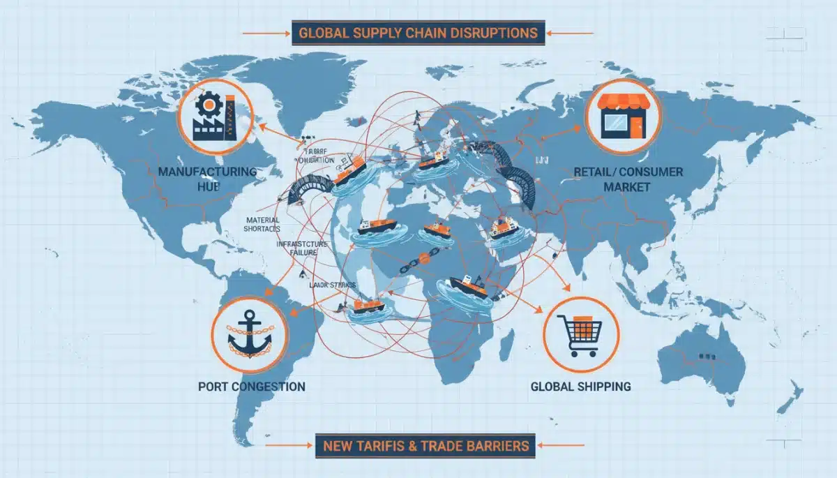 Infographic depicting global supply chain disruptions due to new tariffs
