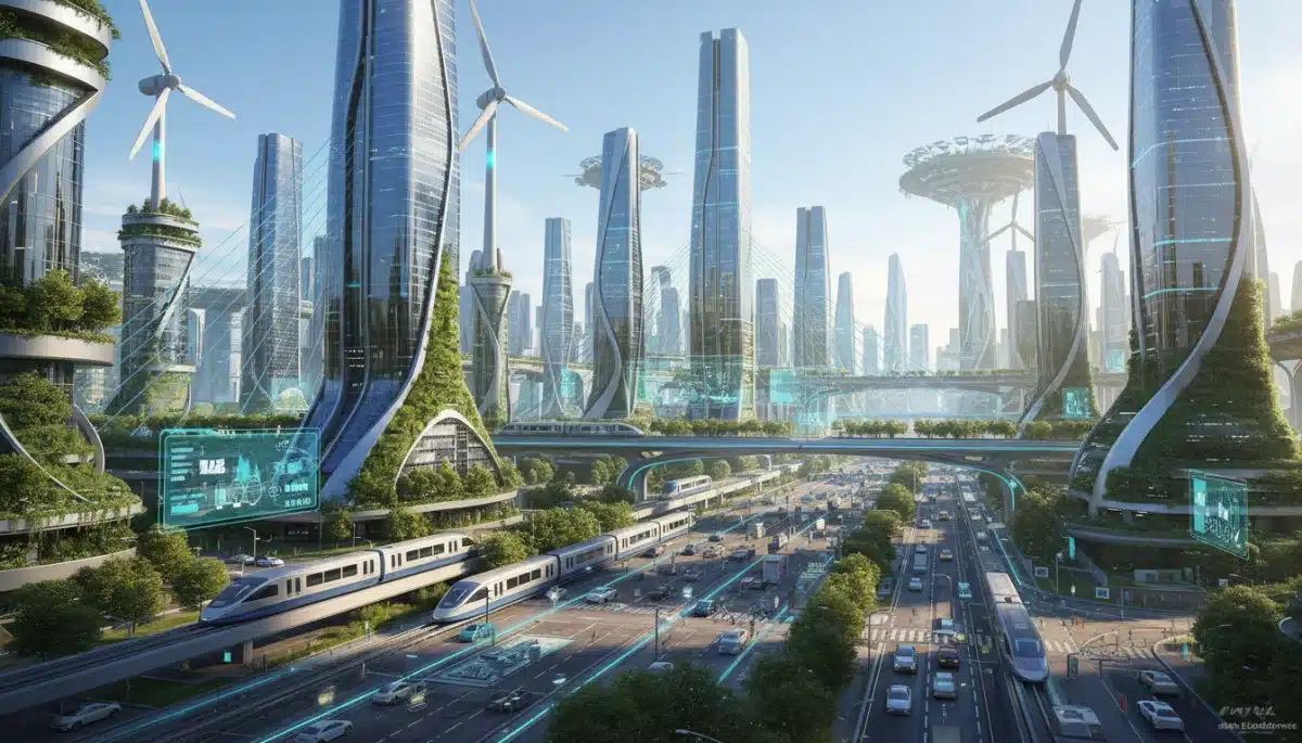 Sustainable city with renewable energy and electric vehicles, depicting green technology advancements.