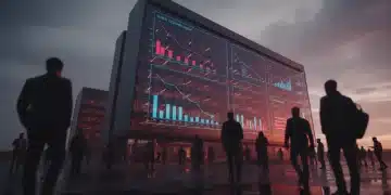 Futuristic office building with digital graphs showing economic downturn, representing 2026 tech layoffs.