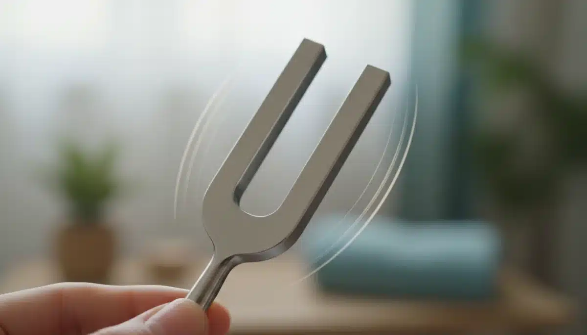 Close-up of a vibrating tuning fork used in sound therapy
