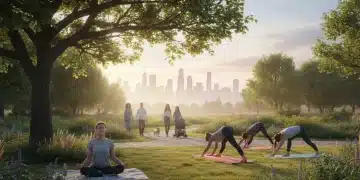 Urban park scene with people meditating, doing yoga, and walking, connecting with nature.