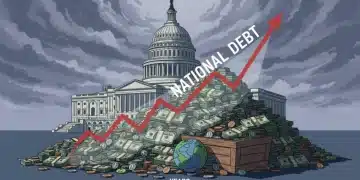 Illustration of US national debt reaching $38 trillion, with dollar bills and Capitol Building