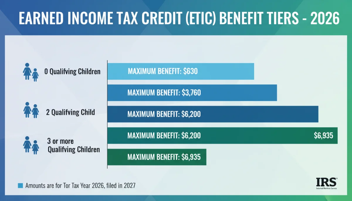 Infographic showing EITC 2026 maximum benefit tiers by number of children
